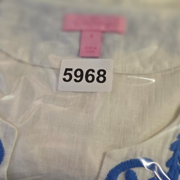 Lilly Pulitzer Small 100% Linen White Tunic Blue Embroidery V Neck 3/4 Sleeve - Picture 12 of 12